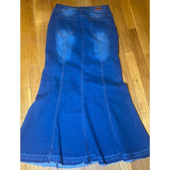 Y2K Be-Girl A Line Low Rise Denim Long Modest Maxi Skirt Frayed Hem Grunge XS - Picture 4 of 6